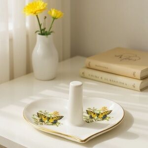 VTG Heart Shaped Butterfly Ring Holder, Porcelain, Japan, Trinket Dish 4" x 3.5"